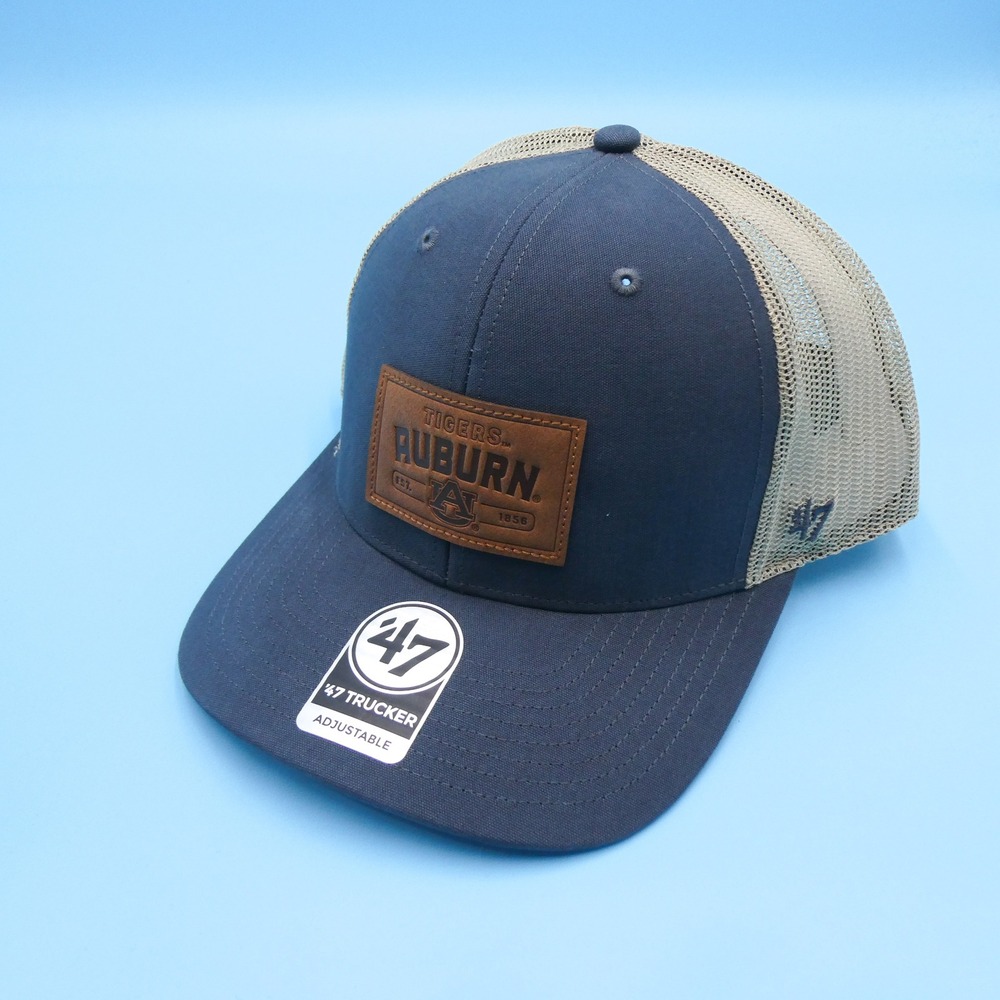 '47 Brand Trucker Hat Mens OSFA Auburn Tigers Navy Blue Tan Leather Patch Mesh